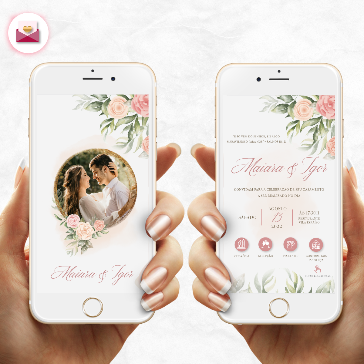 Convite Casamento Virtual Interativo Floral Rosa Whatsapp