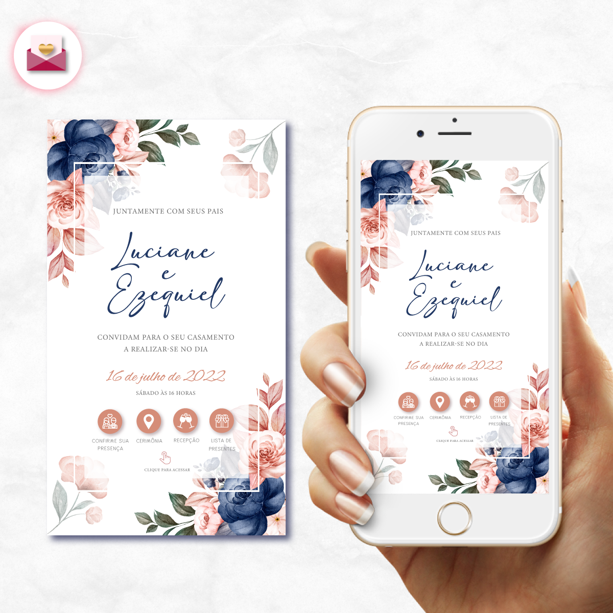 Convite Casamento Virtual Interativo Floral Rosa Whatsapp