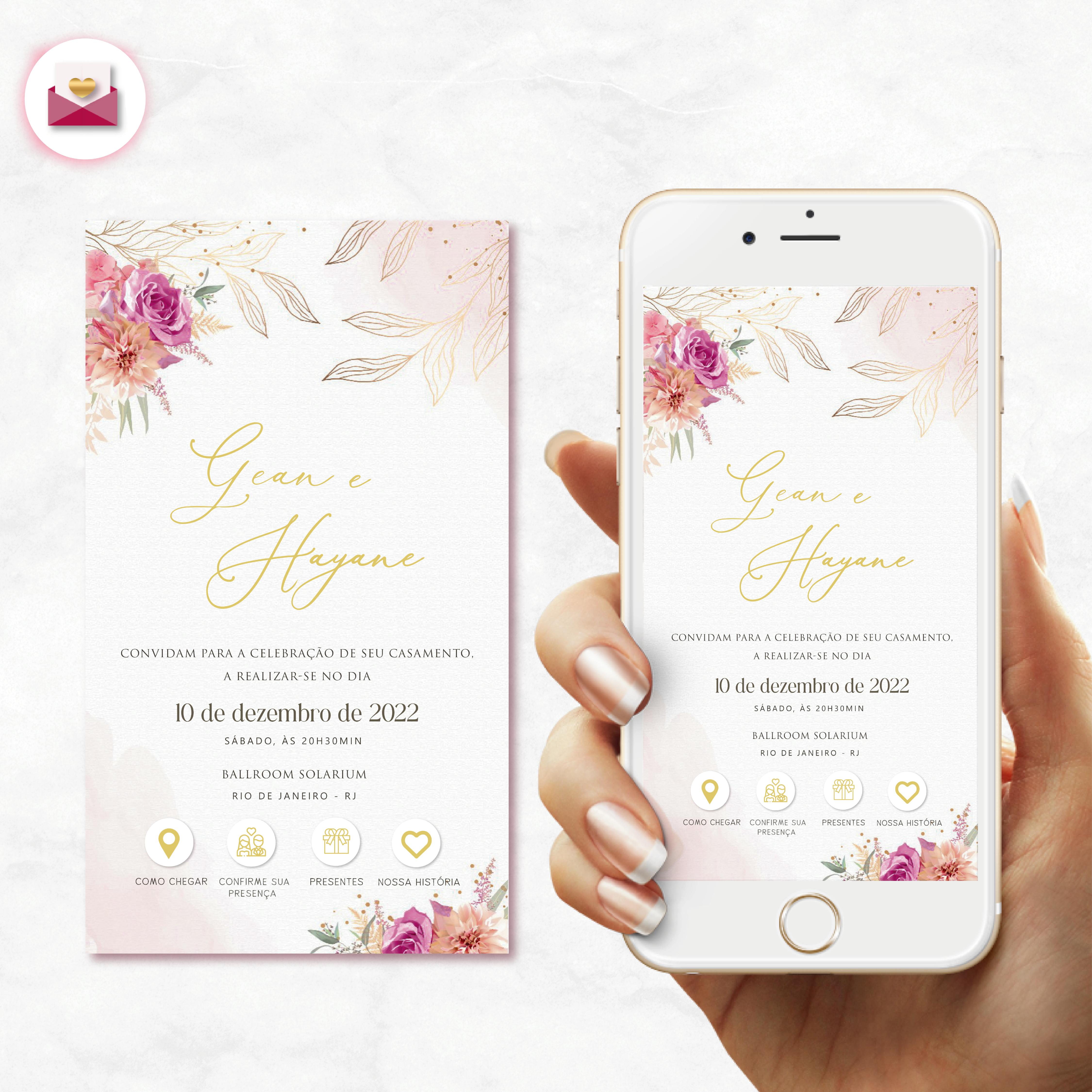 Convite digital interativo Casamento floral rosa claro