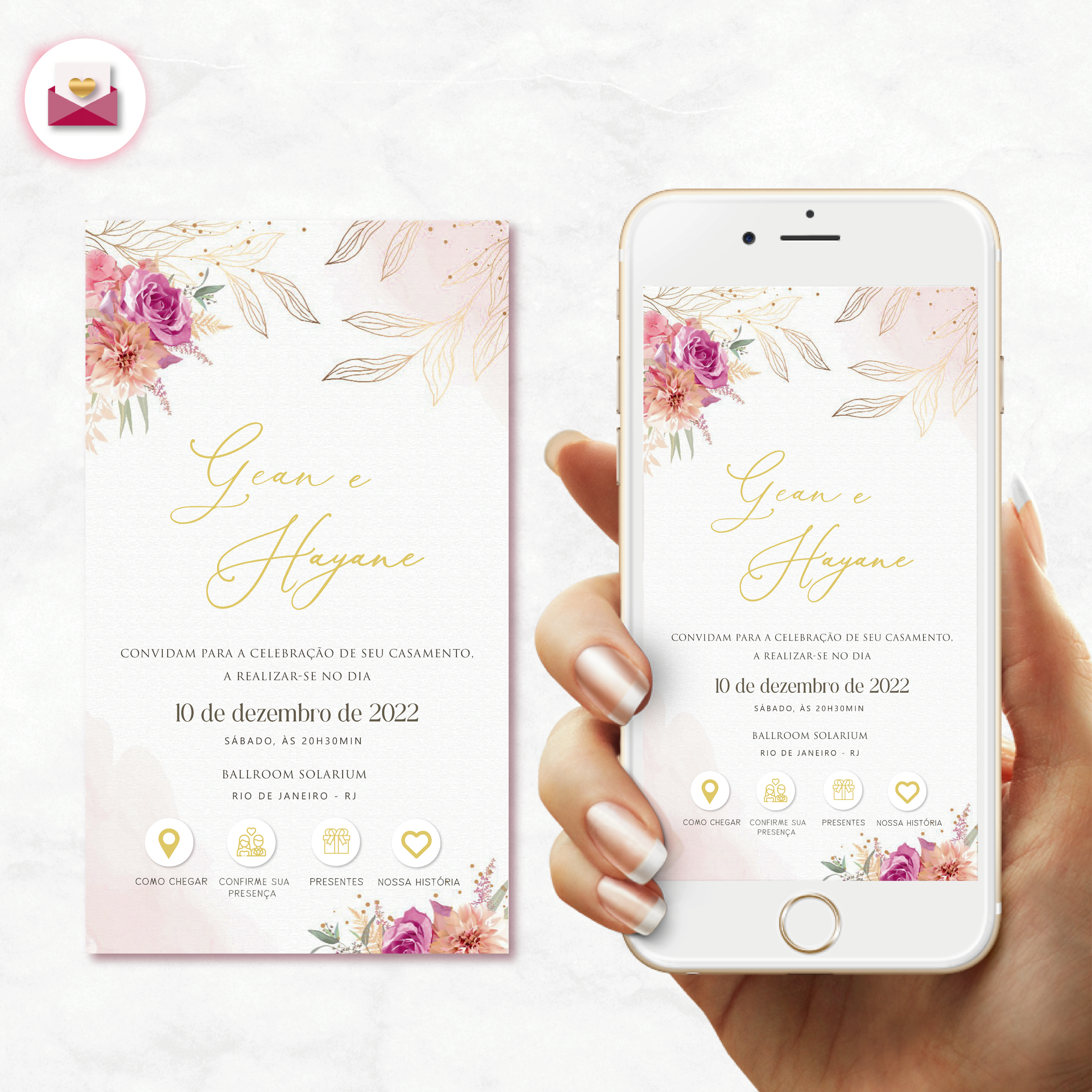 Convite Casamento Virtual Interativo Floral Rosa Whatsapp